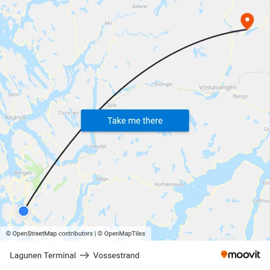 Lagunen Terminal to Vossestrand map