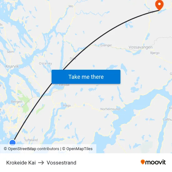 Krokeide Kai to Vossestrand map