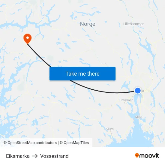 Eiksmarka to Vossestrand map