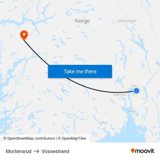 Mortensrud to Vossestrand map