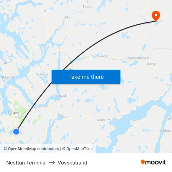 Nesttun Terminal to Vossestrand map