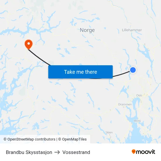 Brandbu Skysstasjon to Vossestrand map