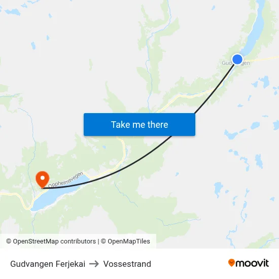 Gudvangen Ferjekai to Vossestrand map