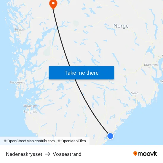 Nedeneskrysset to Vossestrand map