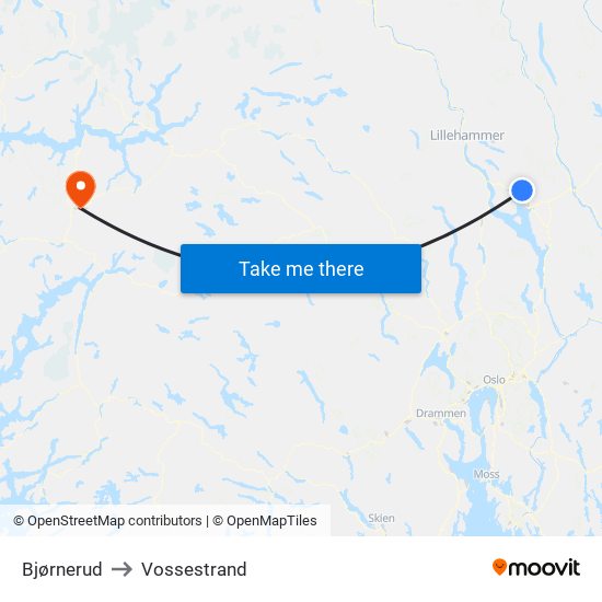 Bjørnerud to Vossestrand map