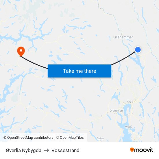 Øverlia Nybygda to Vossestrand map