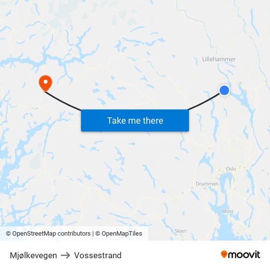 Mjølkevegen to Vossestrand map