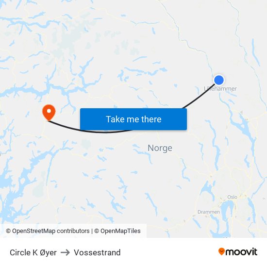 Circle K Øyer to Vossestrand map