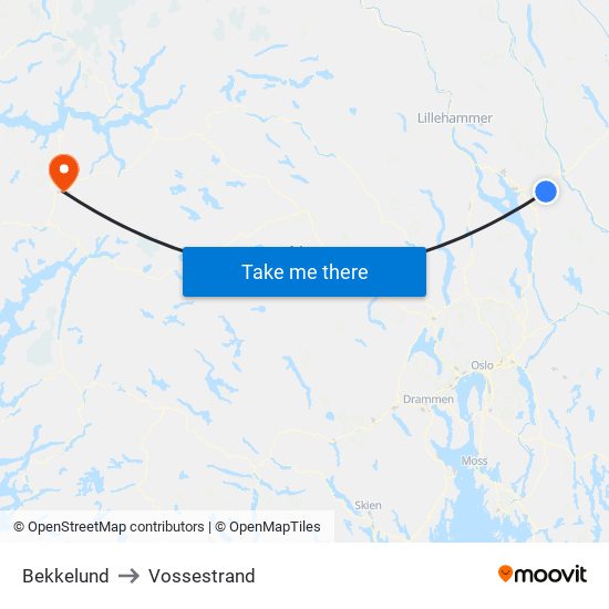 Bekkelund to Vossestrand map