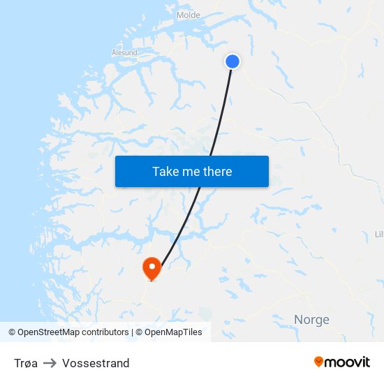 Trøa to Vossestrand map