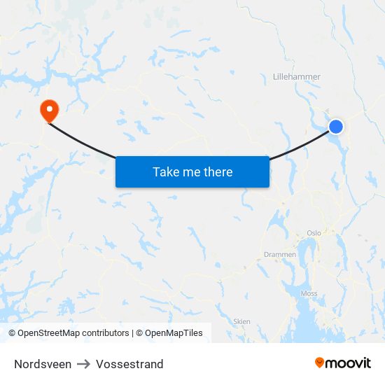 Nordsveen to Vossestrand map