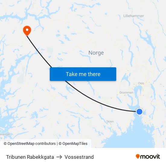 Tribunen Rabekkgata to Vossestrand map