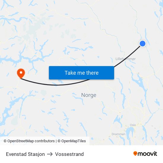 Evenstad Stasjon to Vossestrand map