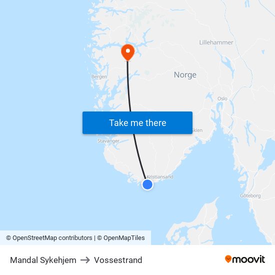 Mandal Sykehjem to Vossestrand map