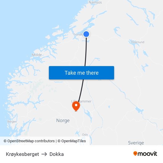 Krøykesberget to Dokka map