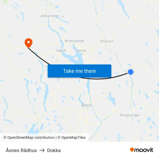 Åsnes Rådhus to Dokka map