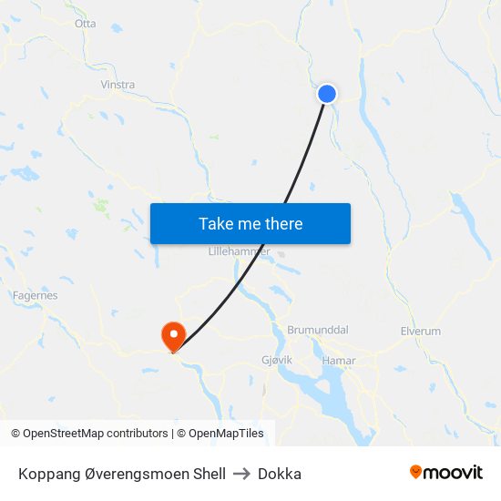 Koppang Øverengsmoen Shell to Dokka map