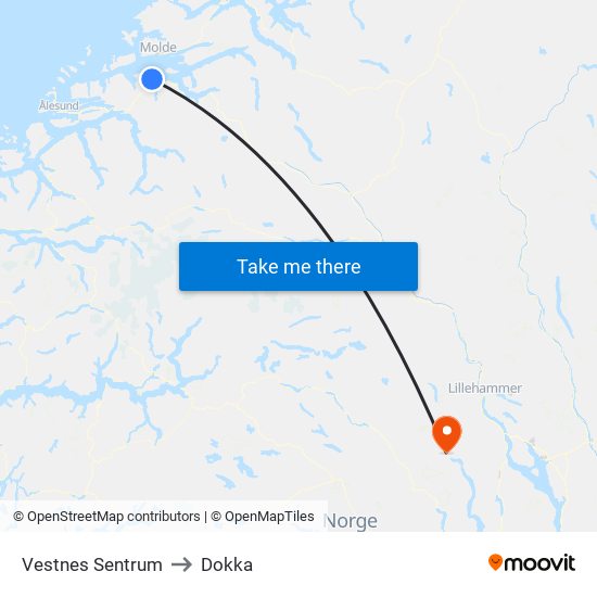 Vestnes Sentrum to Dokka map