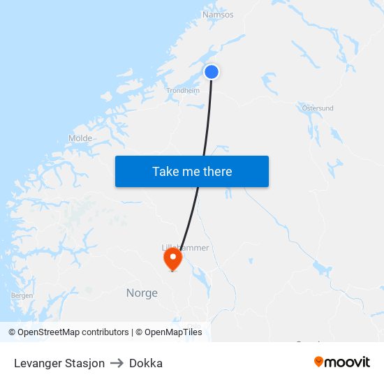 Levanger Stasjon to Dokka map