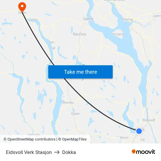 Eidsvoll Verk Stasjon to Dokka map