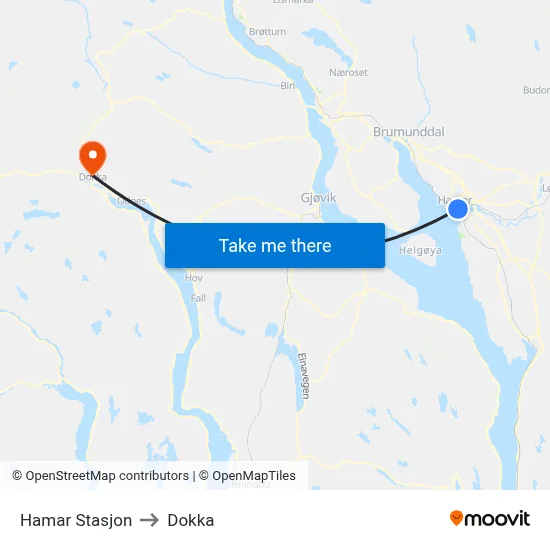Hamar Stasjon to Dokka map