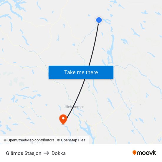 Glåmos Stasjon to Dokka map