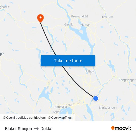 Blaker Stasjon to Dokka map