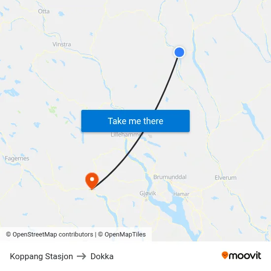 Koppang Stasjon to Dokka map