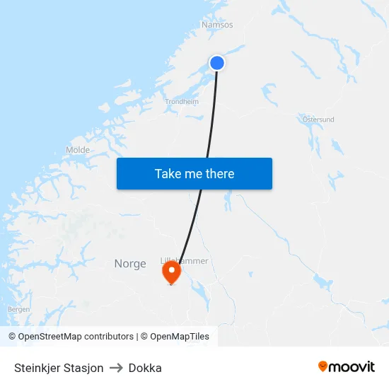 Steinkjer Stasjon to Dokka map