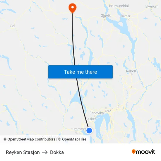 Røyken Stasjon to Dokka map