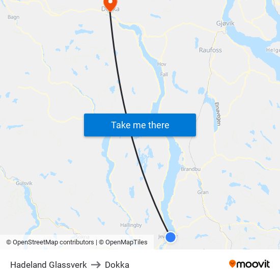 Hadeland Glassverk to Dokka map