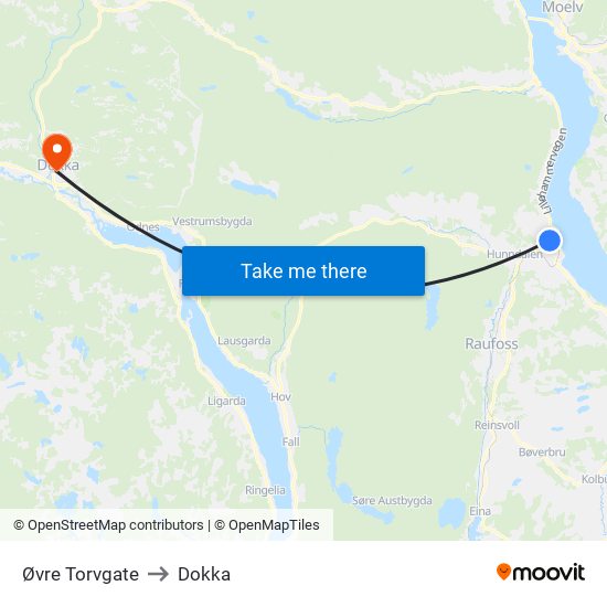 Øvre Torvgate to Dokka map