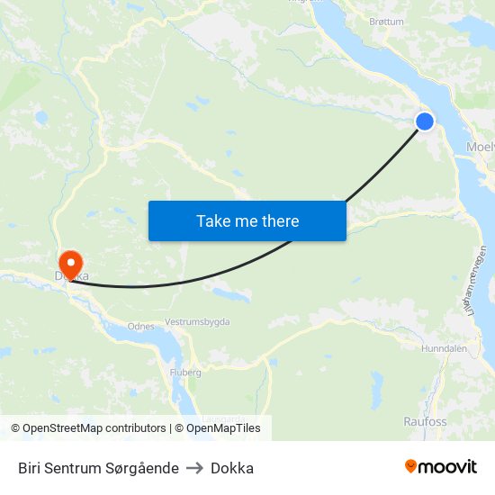 Biri Sentrum Sørgående to Dokka map