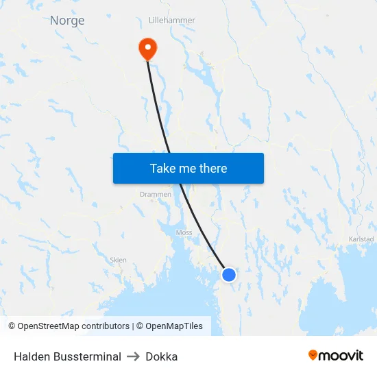 Halden Bussterminal to Dokka map