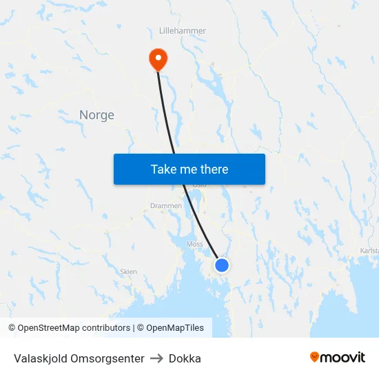 Valaskjold Omsorgsenter to Dokka map