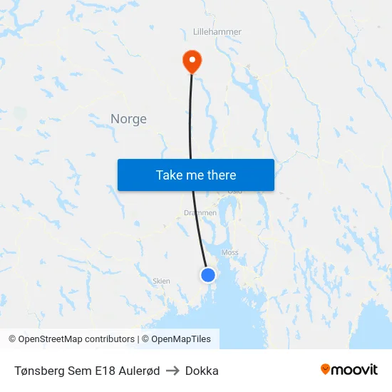 Tønsberg Sem E18 Aulerød to Dokka map