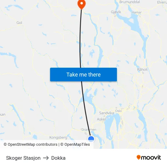 Skoger Stasjon to Dokka map