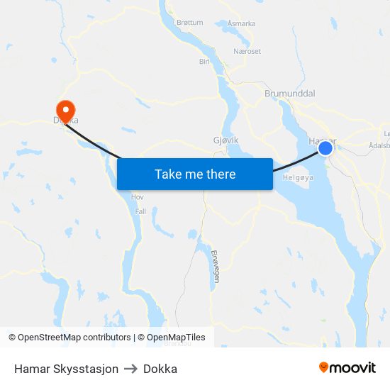 Hamar Skysstasjon to Dokka map