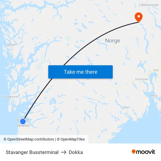 Stavanger Bussterminal to Dokka map