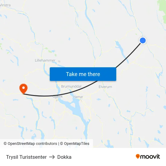Trysil Turistsenter to Dokka map