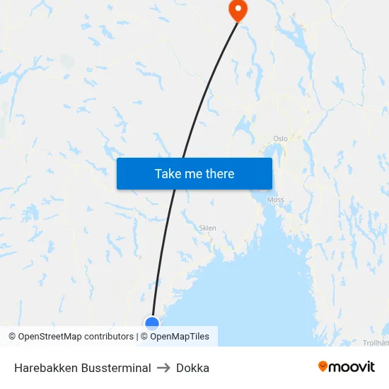 Harebakken Bussterminal to Dokka map