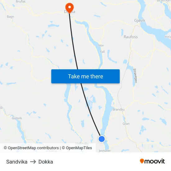 Sandvika to Dokka map