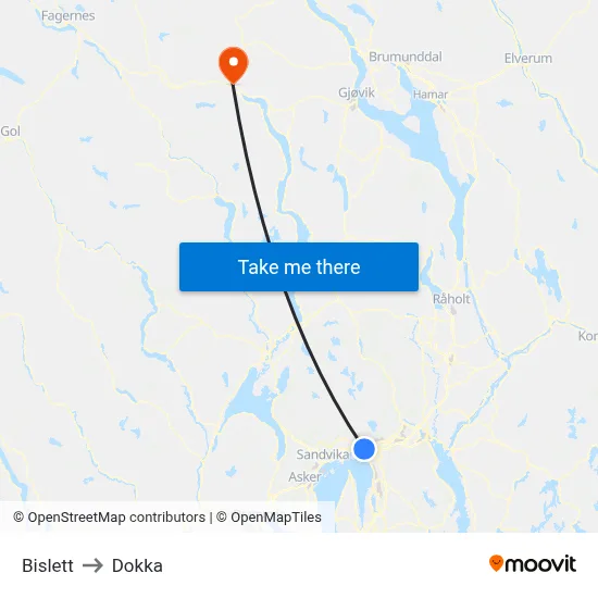 Bislett to Dokka map