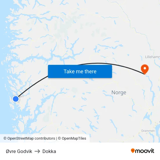 Øvre Godvik to Dokka map