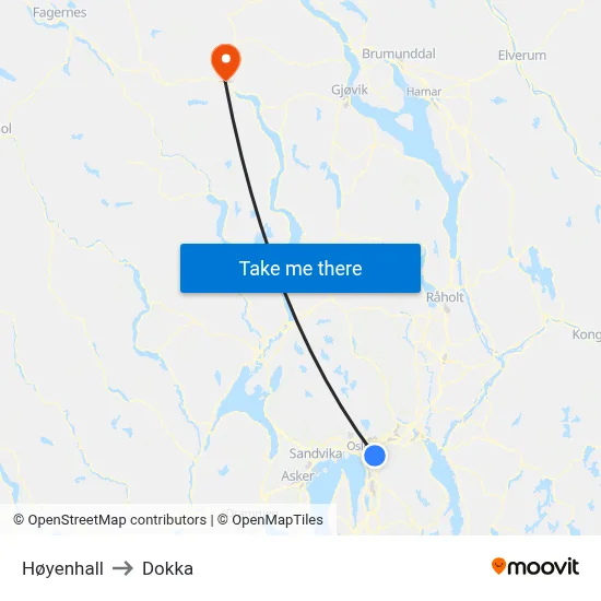 Høyenhall to Dokka map