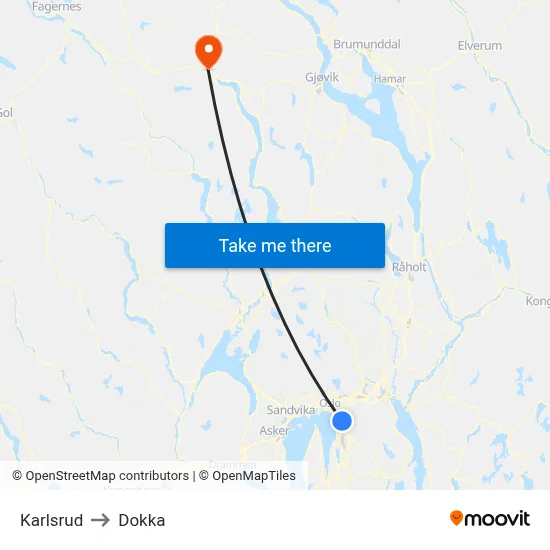 Karlsrud to Dokka map