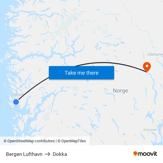 Bergen Lufthavn to Dokka map