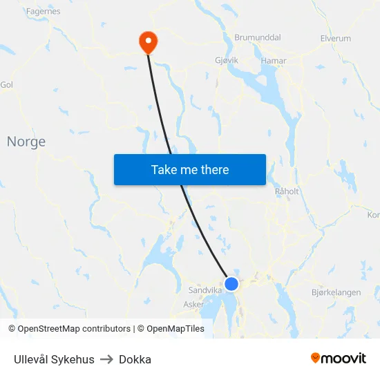 Ullevål Sykehus to Dokka map
