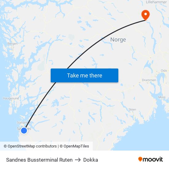 Sandnes Bussterminal Ruten to Dokka map