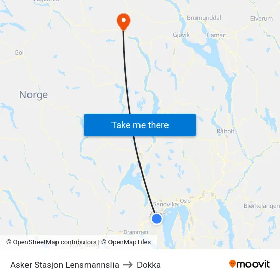 Asker Stasjon Lensmannslia to Dokka map